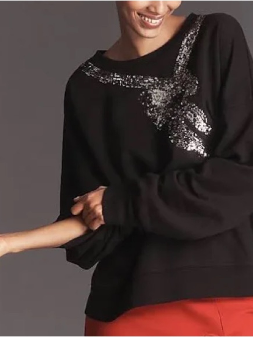 Maeve Black Sweatshirt with Silver Sequin Accent